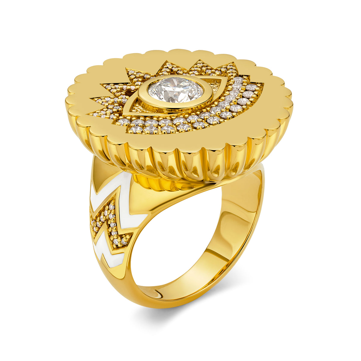 Buddha Mama Scalloped Evil Eye Diamond Ring in 20K Yellow Gold, Size 7.5