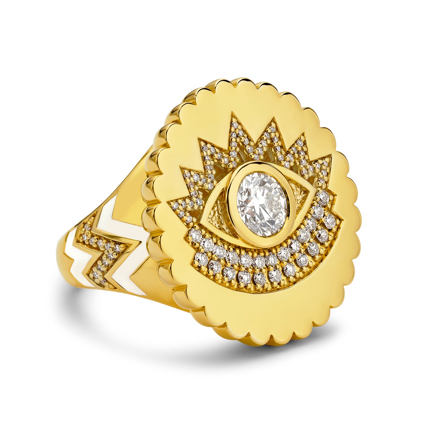 Buddha Mama Scalloped Evil Eye Diamond Ring in 20K Yellow Gold, Size 7.5