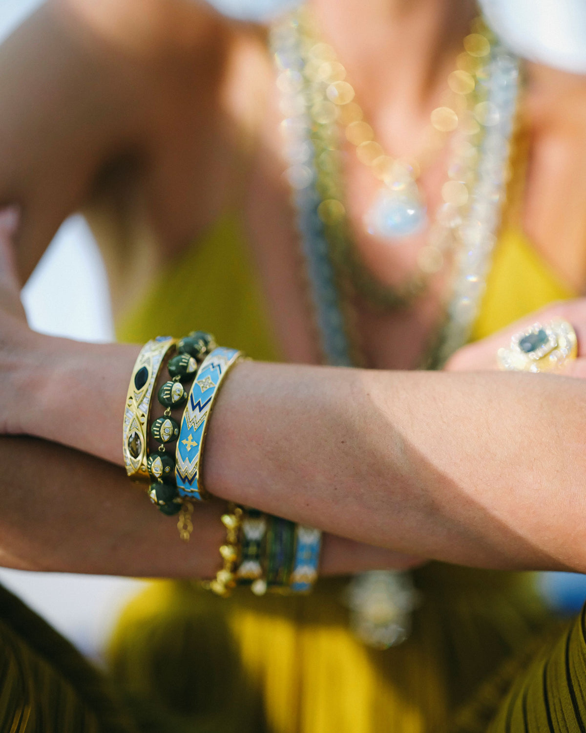 Buddha Mama Evil Eye Army Green Enamel Beaded Bracelet in 20K Yellow Gold