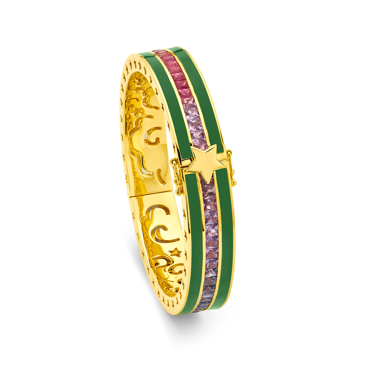Buddha Mama Kelly Green Rainbow Sapphire Bangle in 20K Yellow Gold