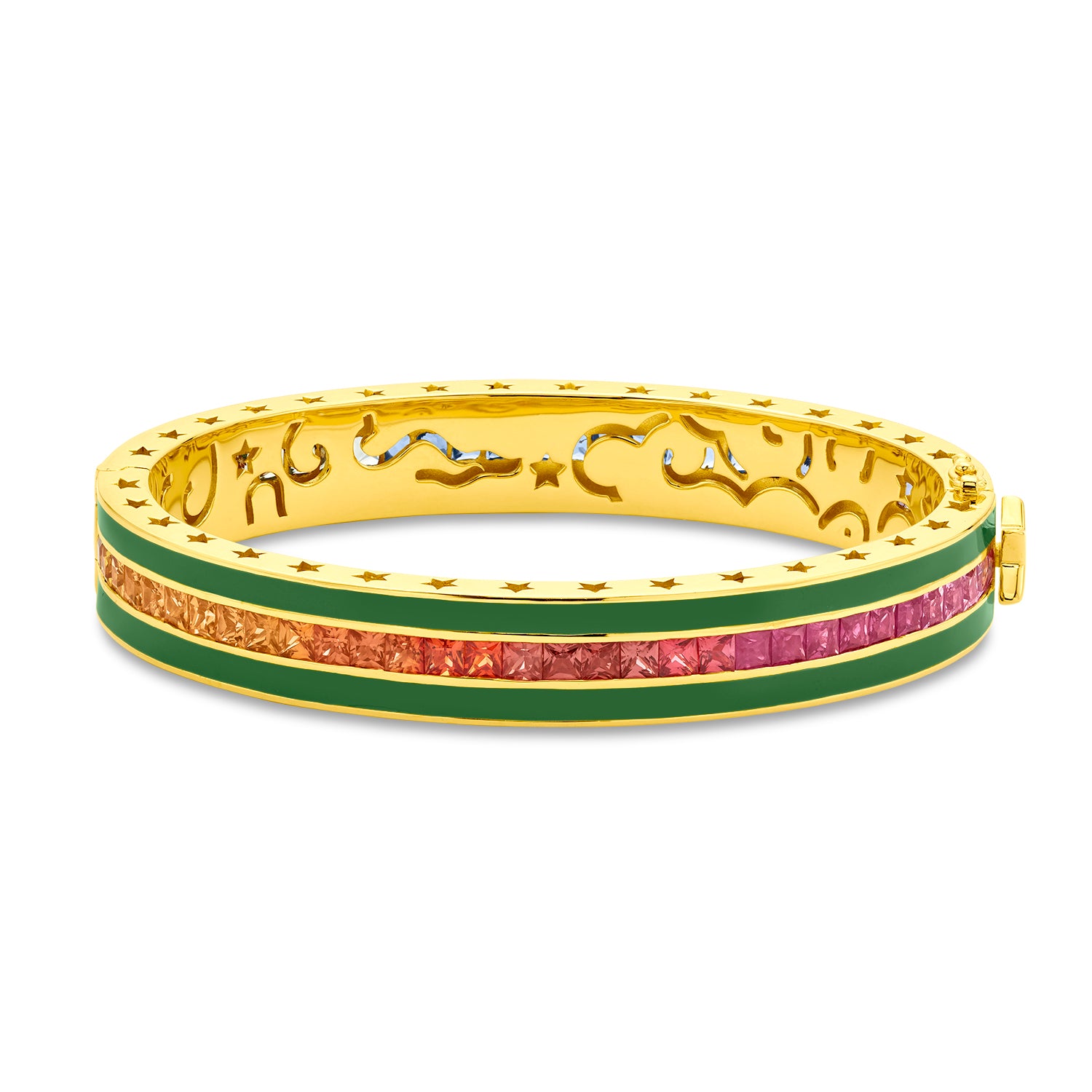 Buddha Mama Kelly Green Rainbow Sapphire Bangle in 20K Yellow Gold
