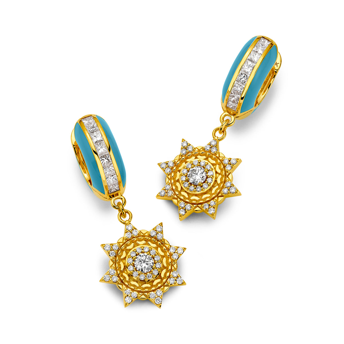 Buddha Mama Sky Blue Sun Drop Earrings in 20K Yellow Gold