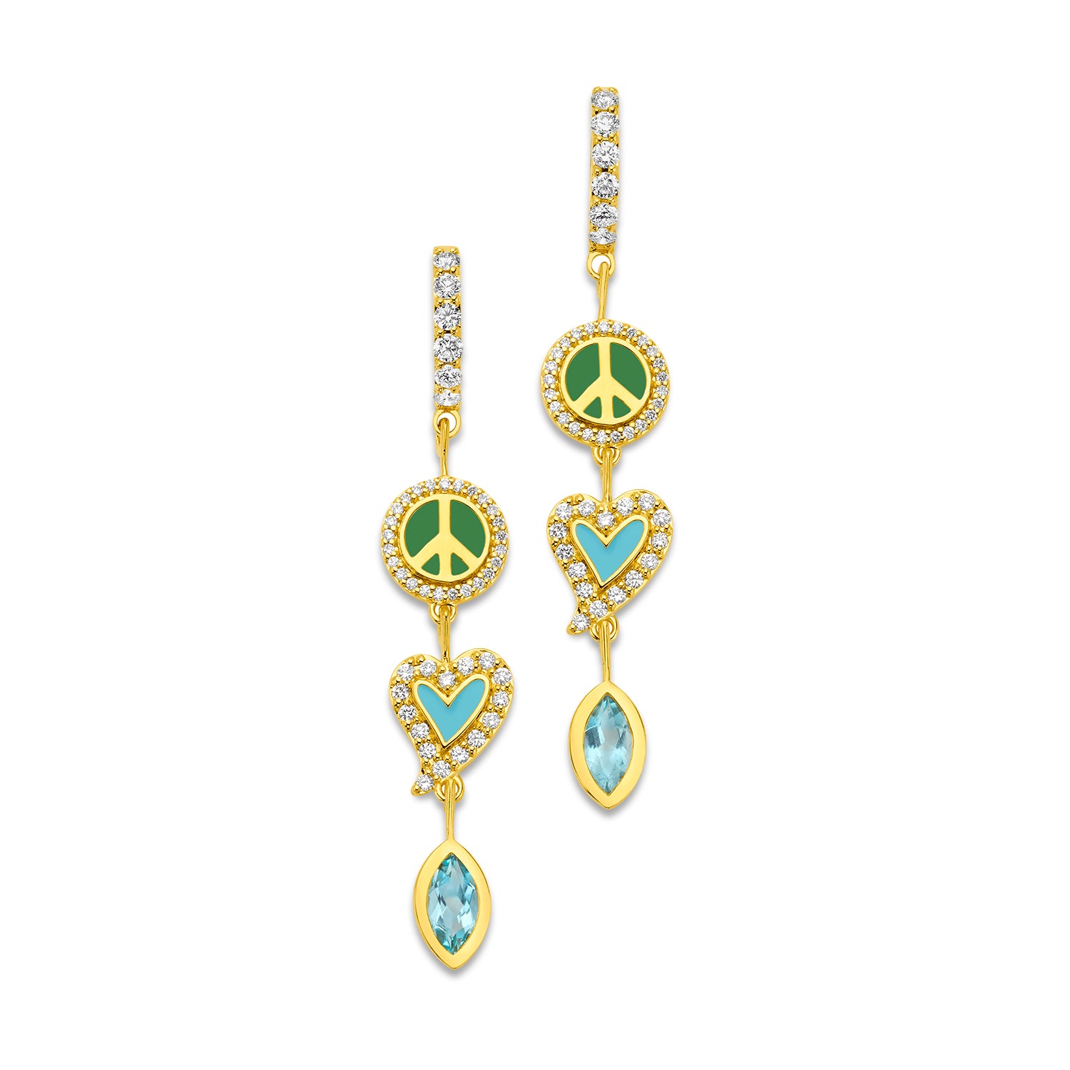Buddha Mama Green & Blue Peace & Love Drop Earrings in 20K Yellow Gold