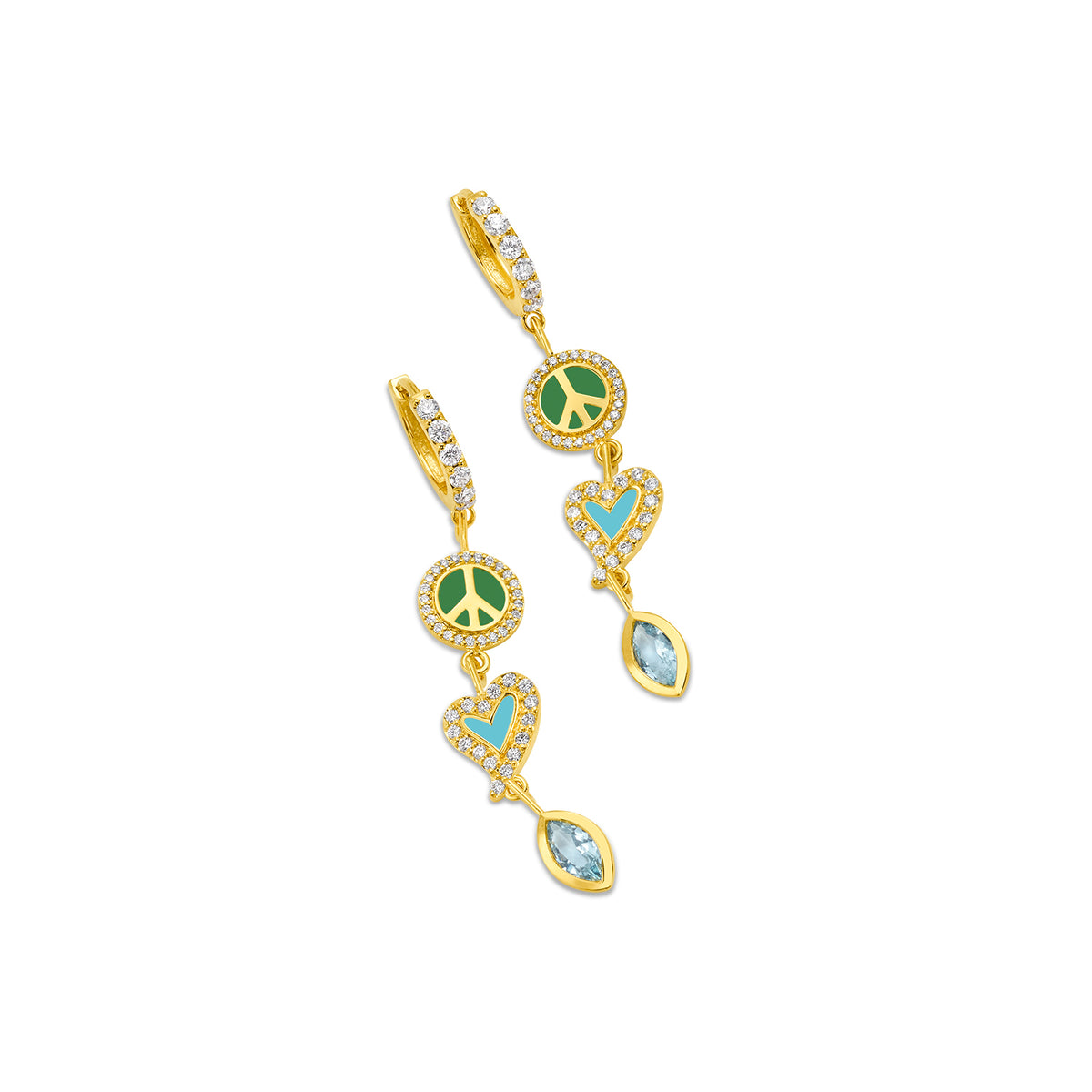 Buddha Mama Green & Blue Peace & Love Drop Earrings in 20K Yellow Gold
