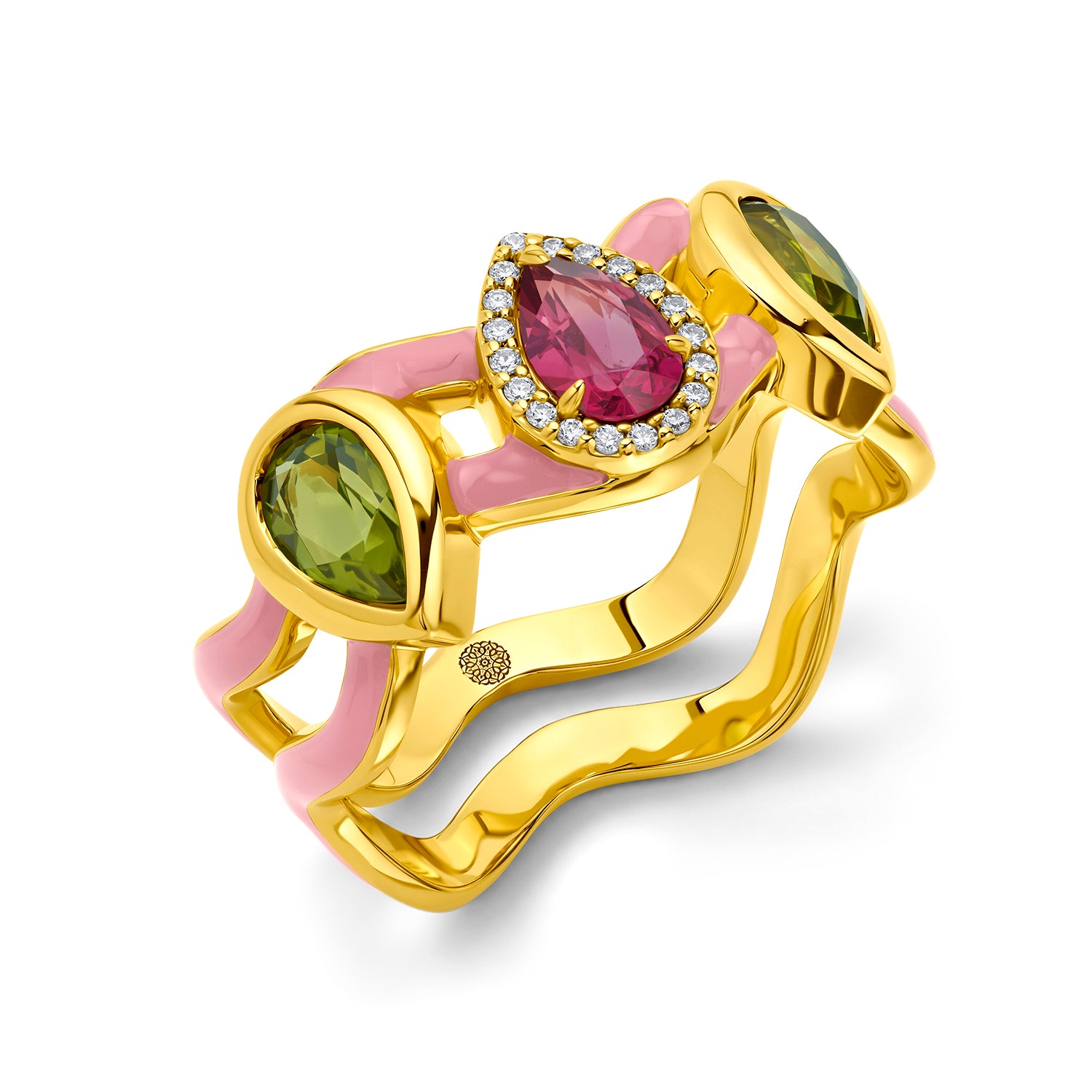 Buddha Mama Pink Wavy Ring in 20K Yellow Gold, Size 7.5