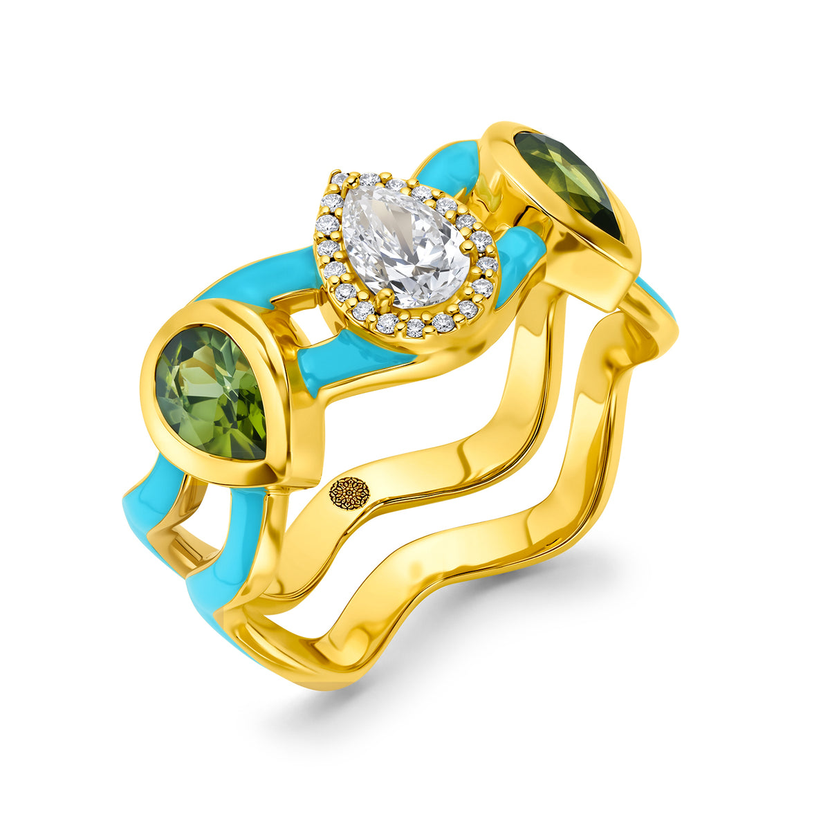 Buddha Mama Sky Blue Wavy Ring in 20K Yellow Gold, Size 7.5