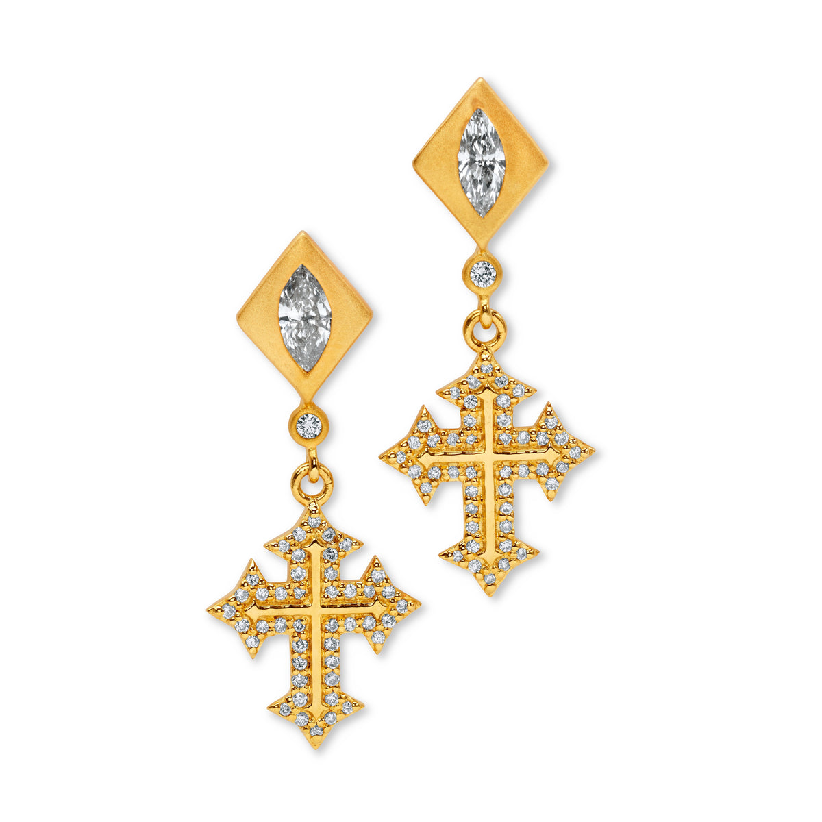 Buddha Mama Dainty Marquise Diamond Cross Dangle Earrings in 20K Yellow Gold