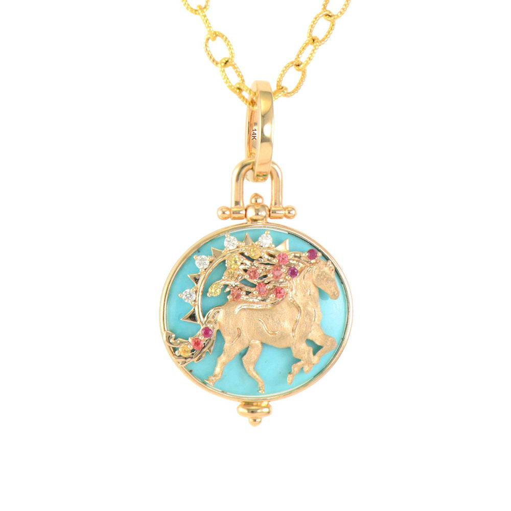 Three Stories Wild Fire Horse Pendant in 14K Yellow Gold