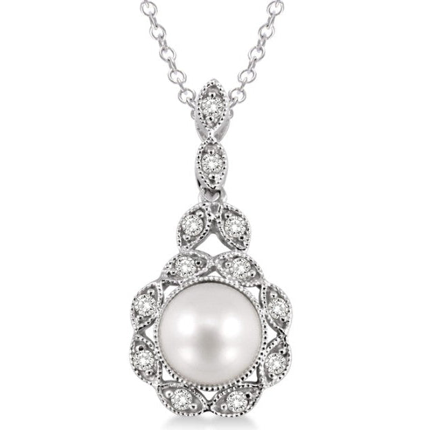 Milgrain Pearl Diamond Pendant Necklace in Sterling Silver