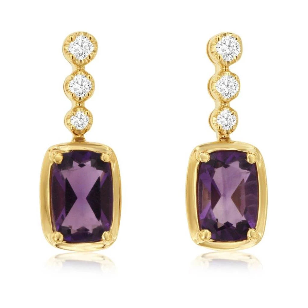 Bezel Amethyst & Diamond Drop Earrings in 14K Yellow Gold