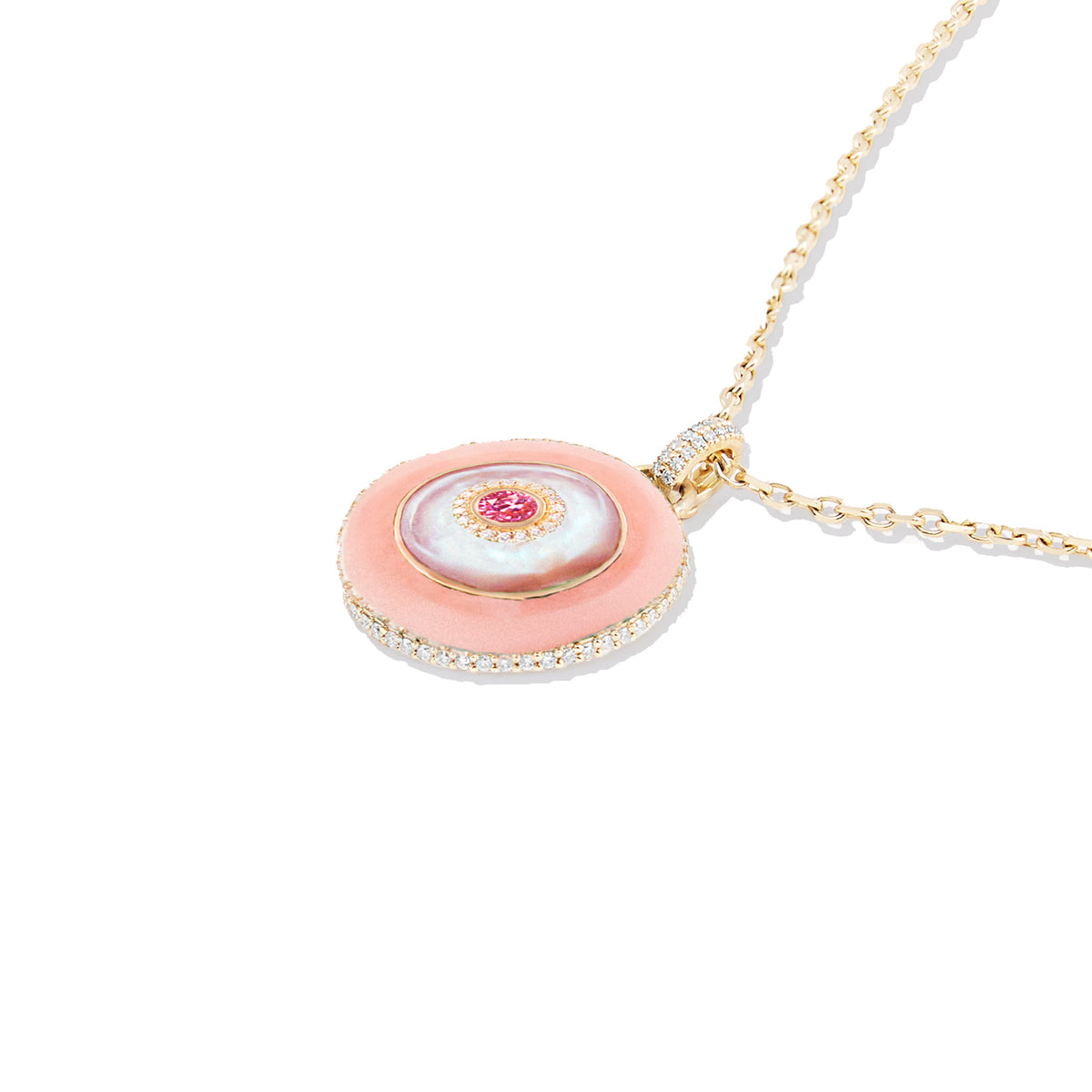 Campbell + Charlotte Large Pink Disc Pendant Necklace in 14K Yellow Gold