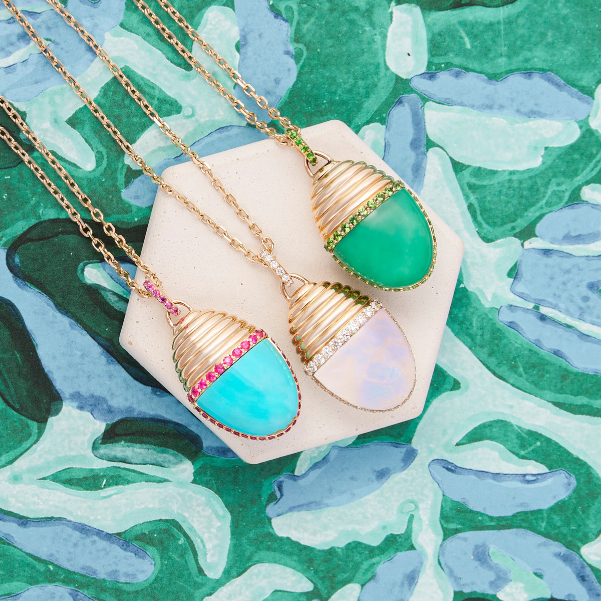 Campbell + Charlotte Large Turquoise & Pink Sapphire Pendant Necklace in 14K Yellow Gold