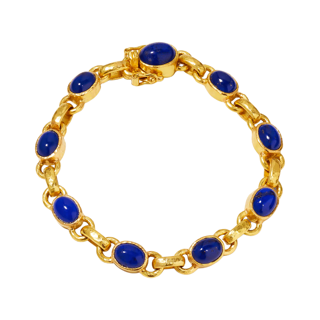 Elizabeth Locke Oval Lapis and Hammered Gold Link Bracelet in Yellow Gold