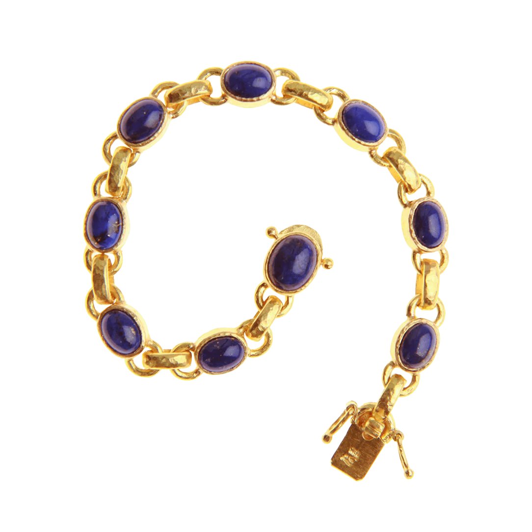 Elizabeth Locke Oval Lapis and Hammered Gold Link Bracelet in Yellow Gold