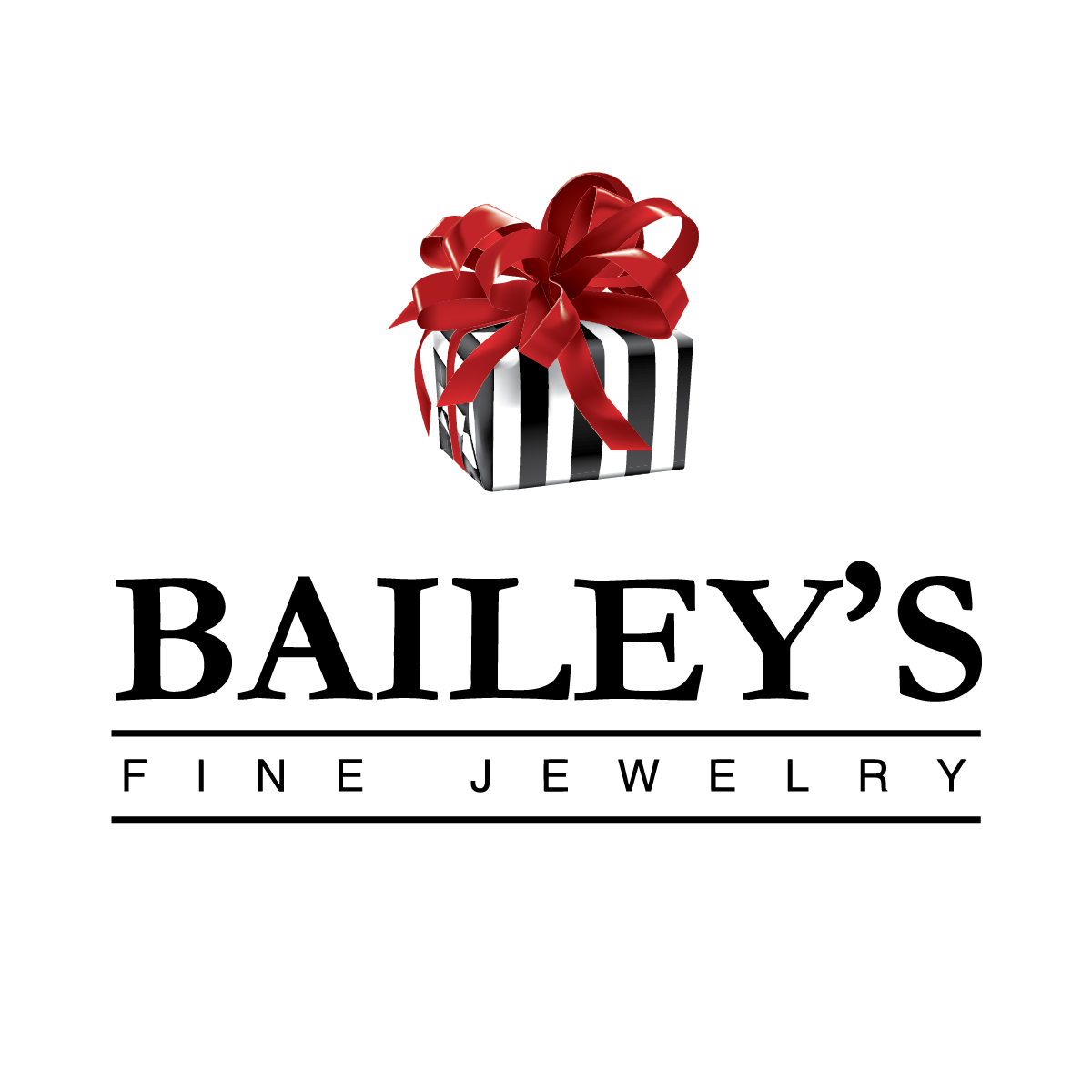 Logo of Bailey's Fine Jewelry with a gift box and red bow on a white background