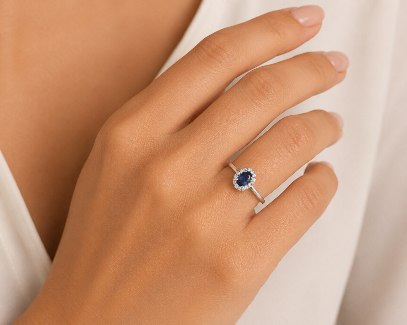 Oval Ruby Diamond Halo Ring in 14K White Gold, Size 6.5