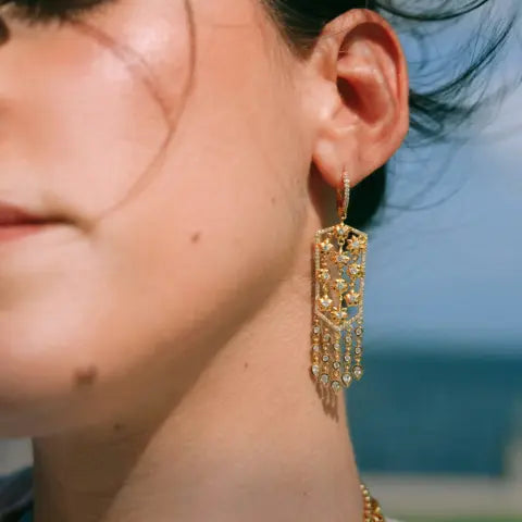 Buddha Mama Large Flower Diamond Dangle Earrings in 20K Yellow Gold