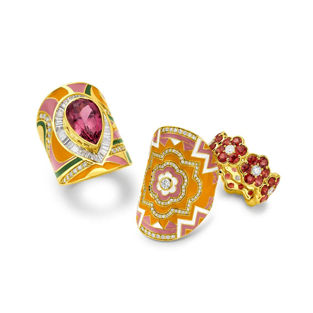 Buddha Mama Pink & Orange Swirl Wrap Ring in 20K Yellow Gold, Size 7.5