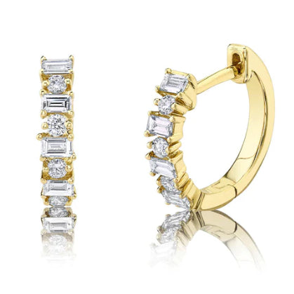 Round and Baguette Diamond Huggie Hoop Earrings in 14K Yellow Gold