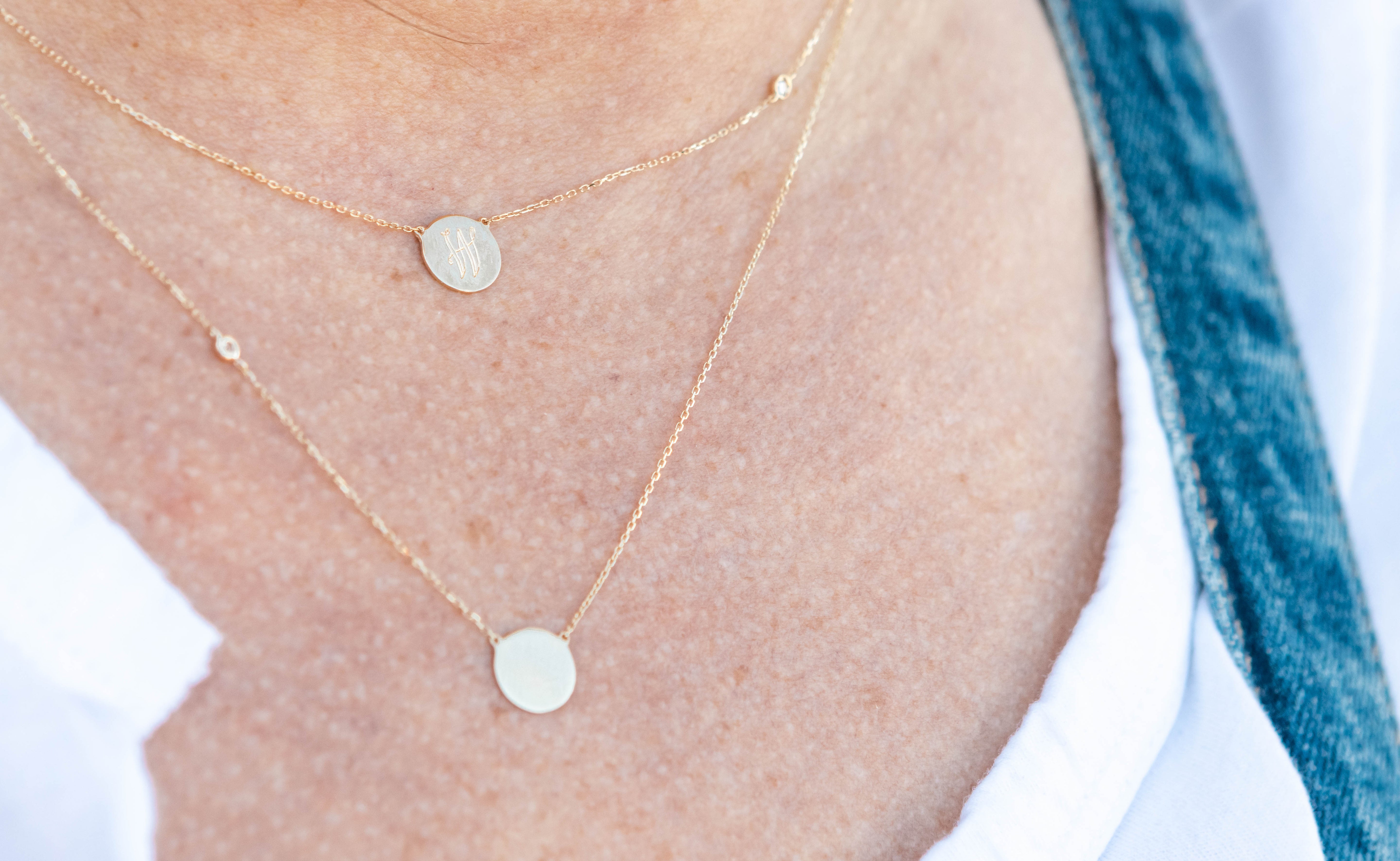 Small Disc Pendant with Diamond Station Necklace in 14K Yellow Gold