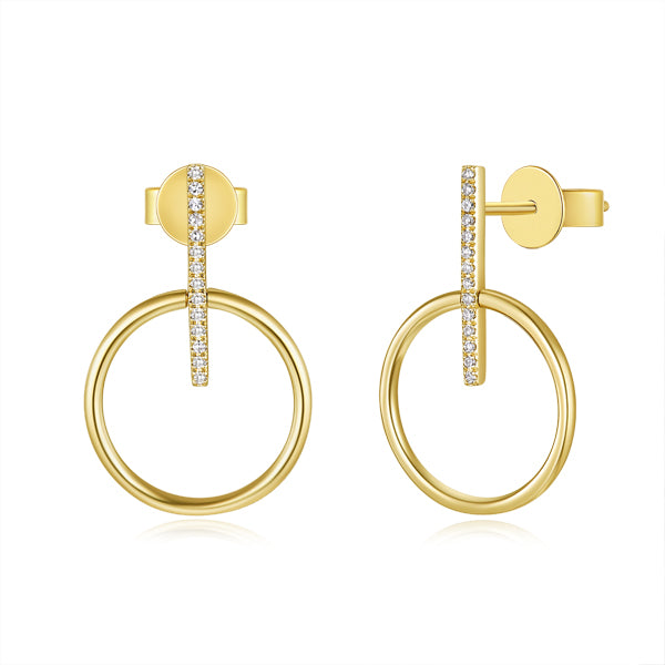 Open Circle with Diamond Bar Stud Earring in 14K Yellow Gold