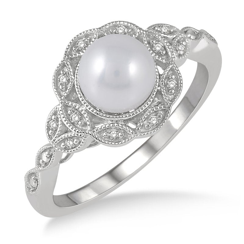 Milgrain Diamond and Pearl Ring in Sterling Silver, Size 7