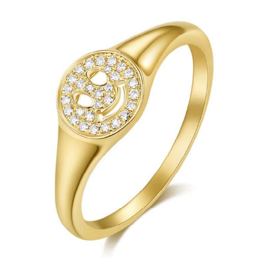 Pave Diamond Smiley Face Signet Ring in 14K Yellow Gold, Size 8