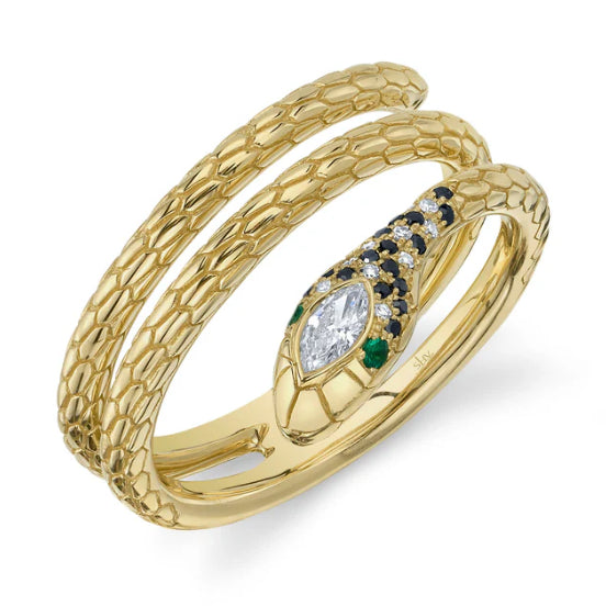 Emerald Diamond Snake Wrap Ring in 14K Yellow Gold, Size 7