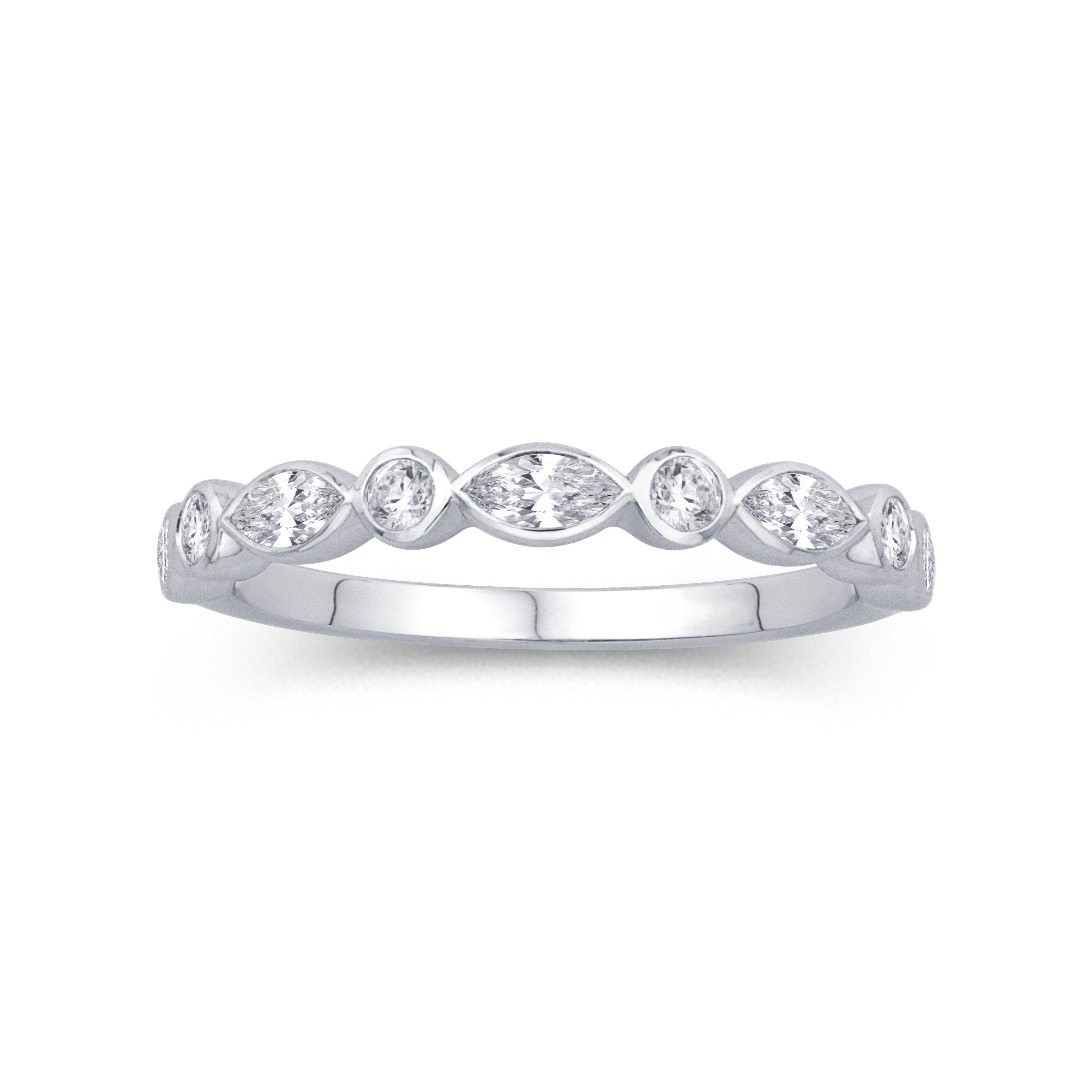 Alternating Bezel Marquise & Round Diamond Band in 14K White Gold, Size 6.5