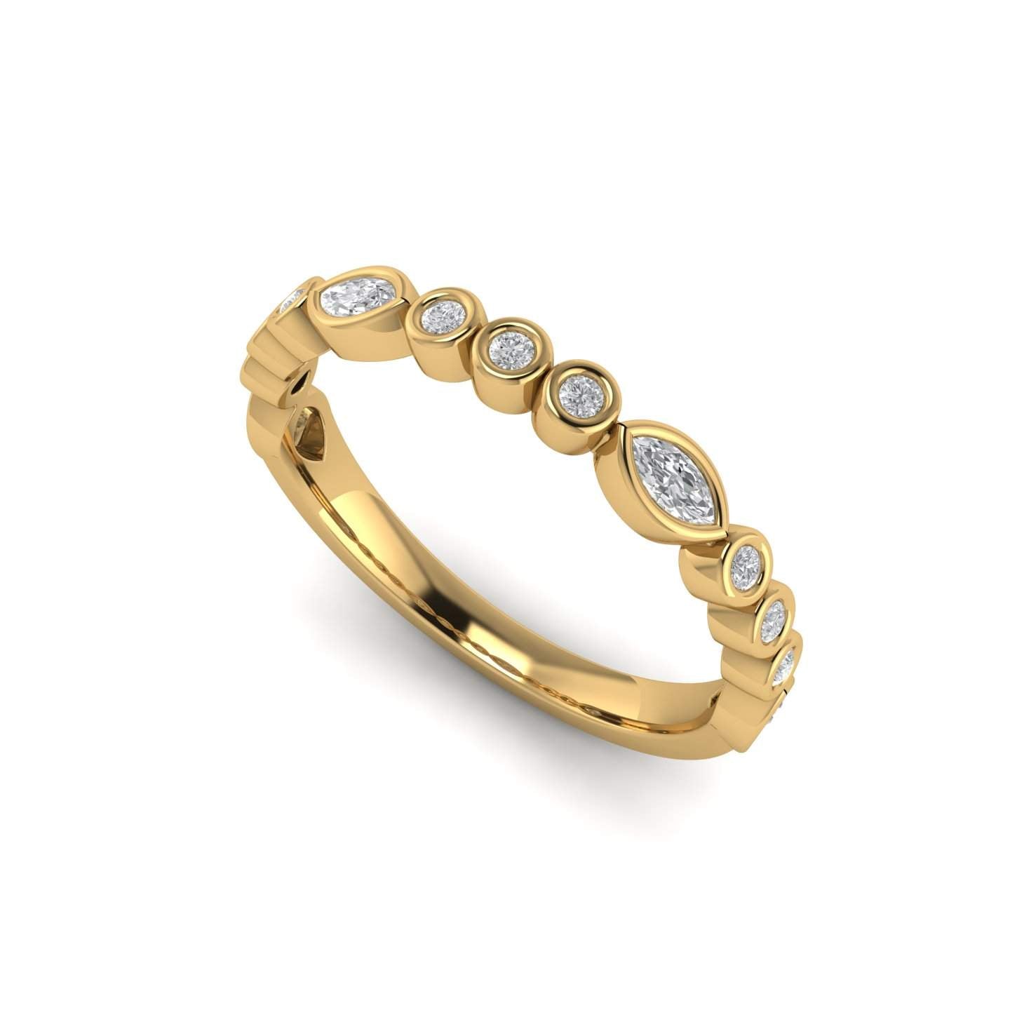 Alternating Bezel Marquise & Round Diamond Band in 14K Yellow Gold, Size 6.5