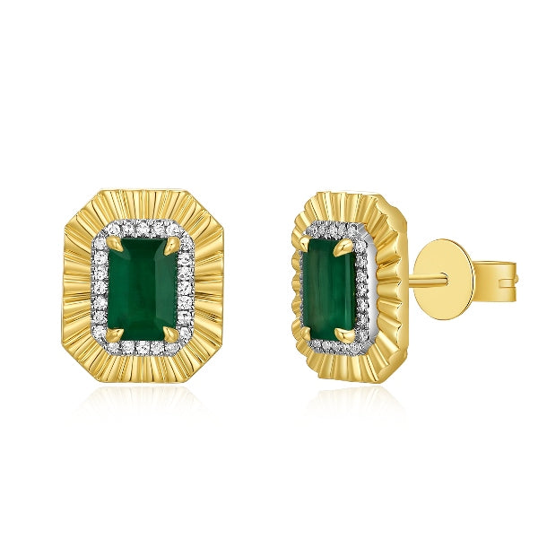 Emerald Diamond Halo Fluted Stud Earrings in 14K Yellow Gold
