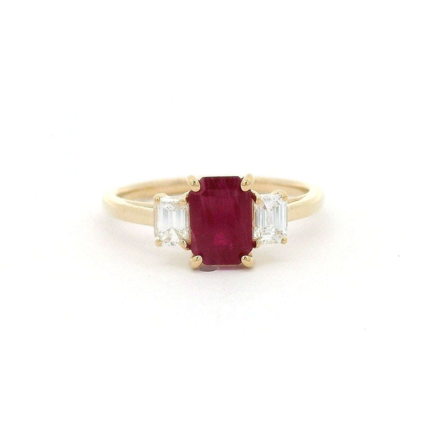Emerald Cut Ruby Diamond 3-Across Ring in 14K Yellow Gold, Size 6.5