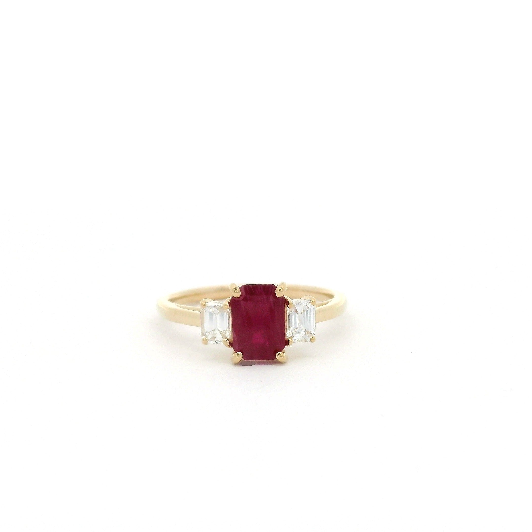 Emerald Cut Ruby Diamond 3-Across Ring in 14K Yellow Gold, Size 6.5