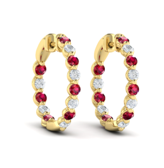 Ruby Diamond Inside Outside Hoop Earrings in 14K Yellow Gold