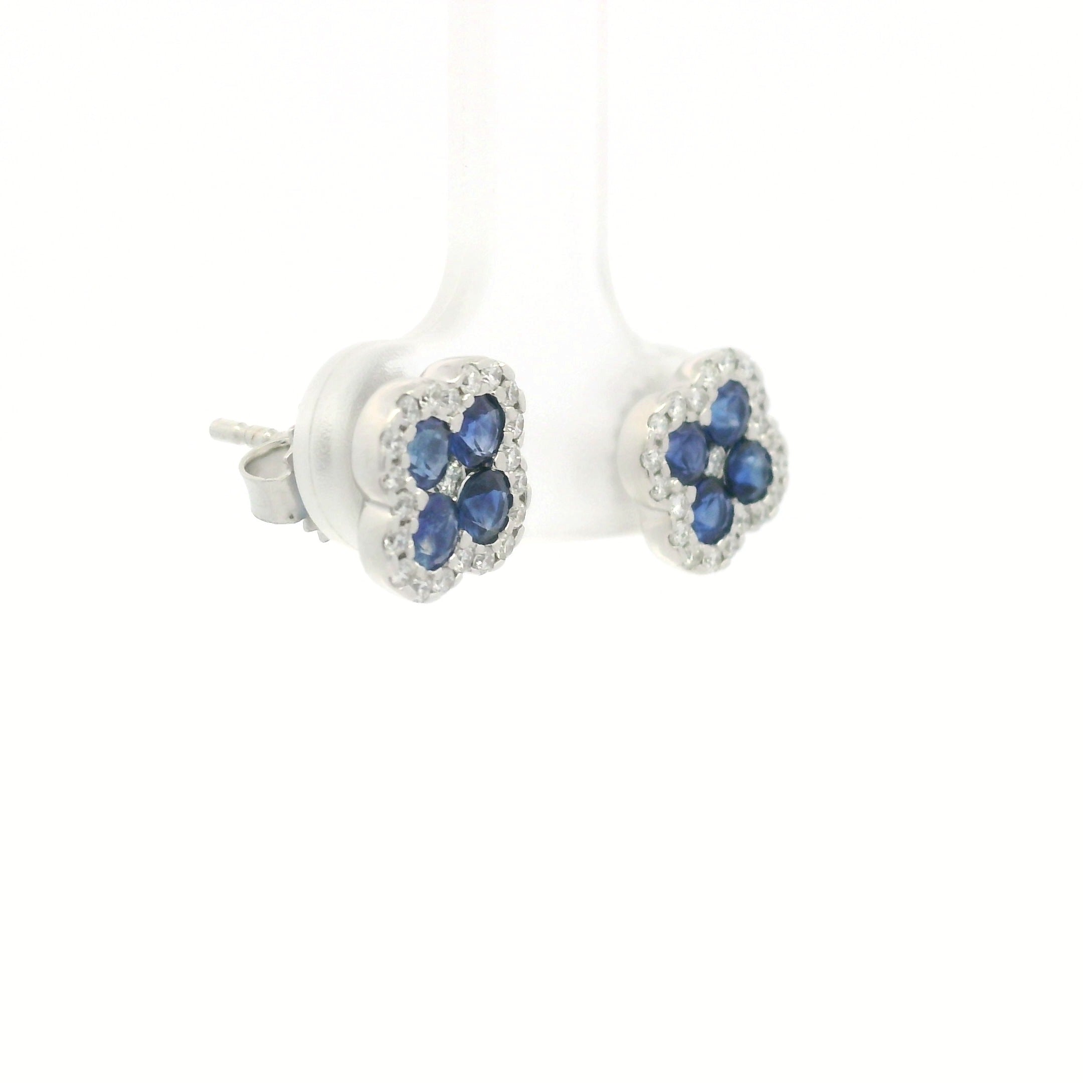 Sapphire Diamond Clover Stud Earrings in 14K White Gold