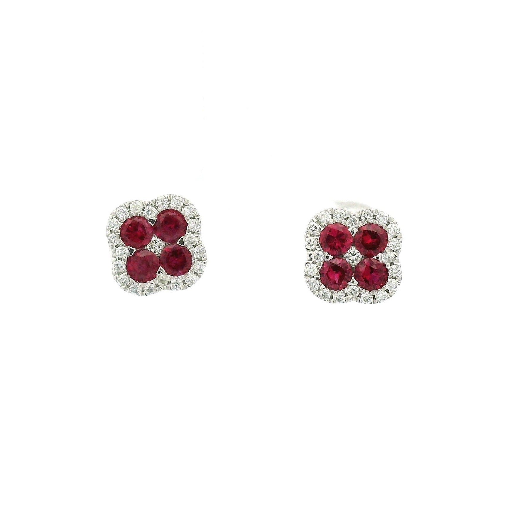 Ruby Diamond Clover Stud Earrings in 14K White Gold