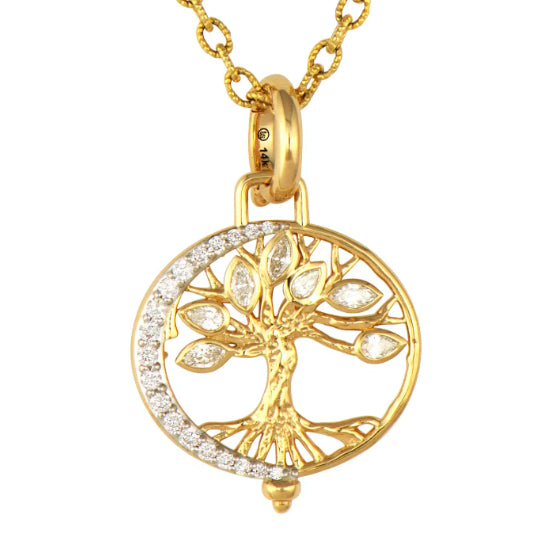 Three Stories New Moon Open Tree of Life Pendant in 14K Yellow Gold