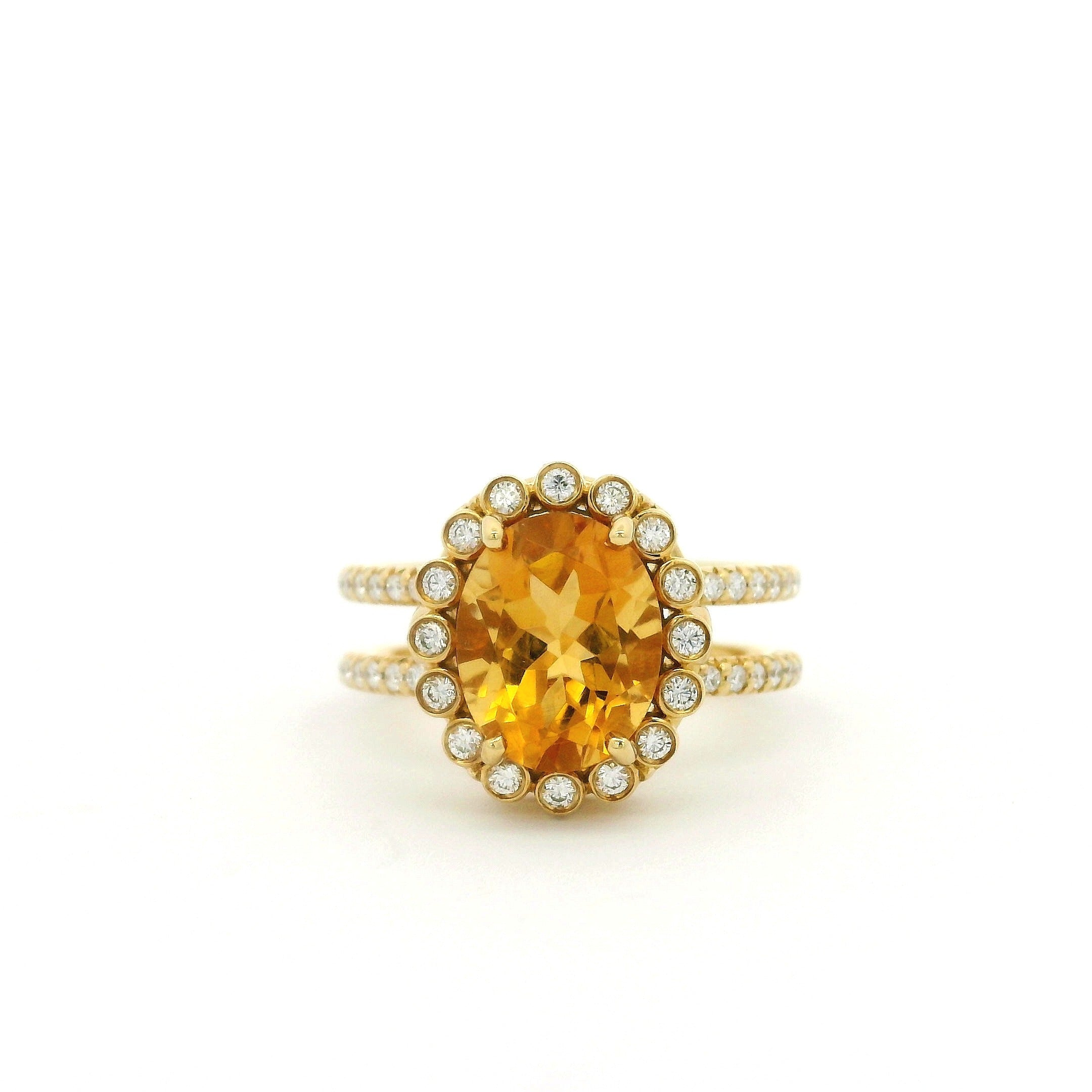 Erica Courtney Emily Ann Citrine Halo Ring in 18K Yellow Gold, Size 7.5