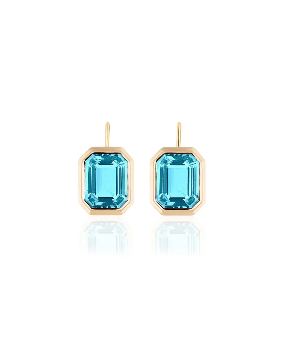 Goshwara Manhattan Blue Topaz Emerald Cut Earrings in 18K Yellow Gold