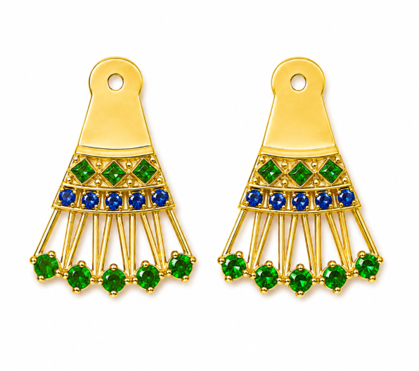 Tsavorite & Sapphire Tribal Earring Jackets in 18K Yellow Gold