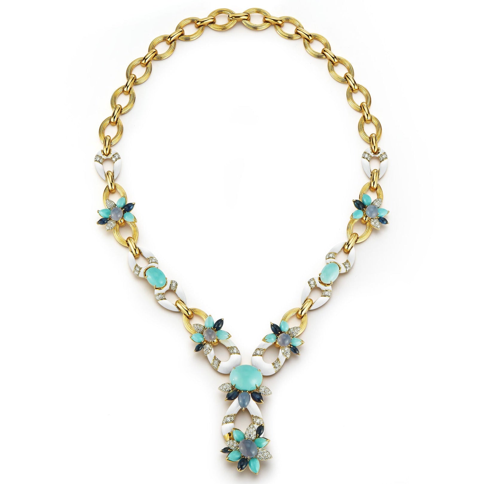 David Webb Asheville White Enamel Link Flower Necklace in 18K Yellow Gold