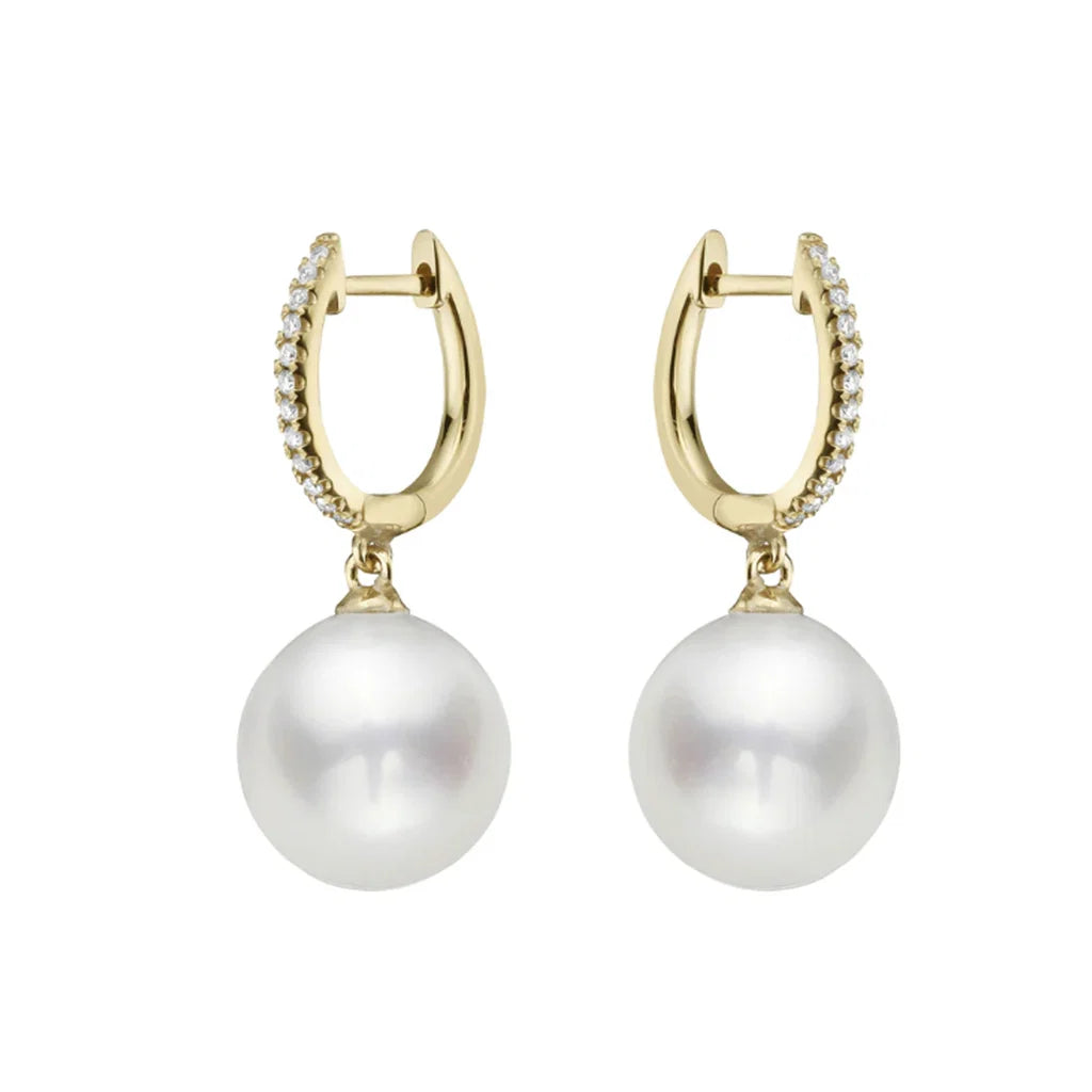 Freshwater Pearl Diamond Drop Earrings in 14K Yellow Gold