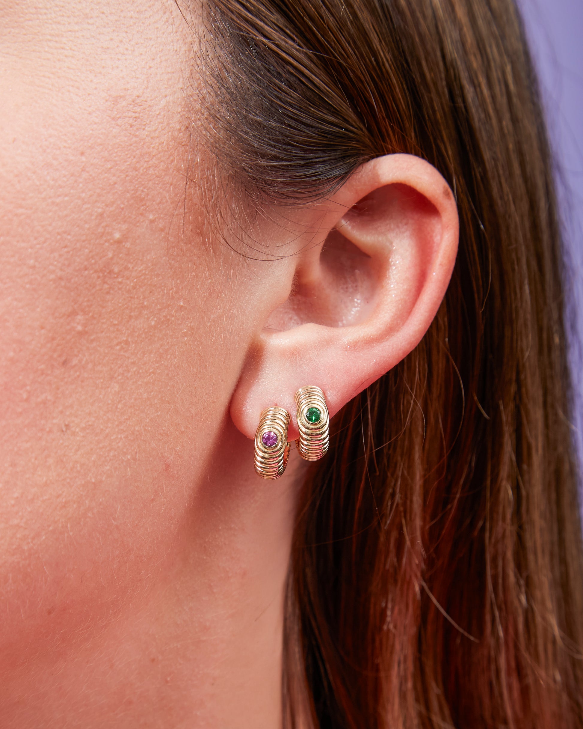 Campbell + Charlotte Revel Ribbed Pink Sapphire Huggie Hoop Earrings in 14K Yellow Gold