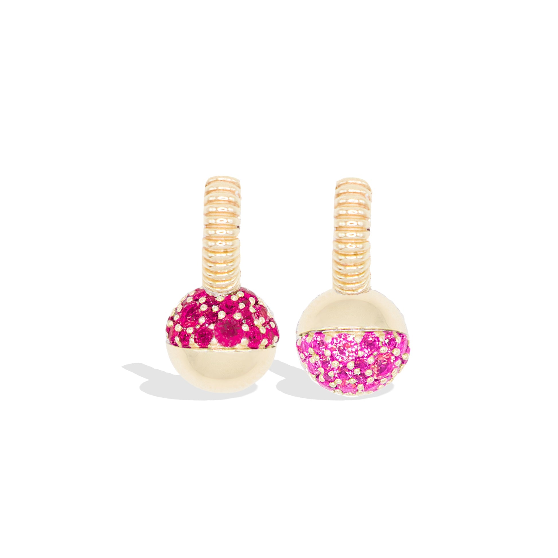 Campbell + Charlotte Mini Revel Ruby & Pink Sapphire Bobble Huggie Earrings in 14K Yellow Gold