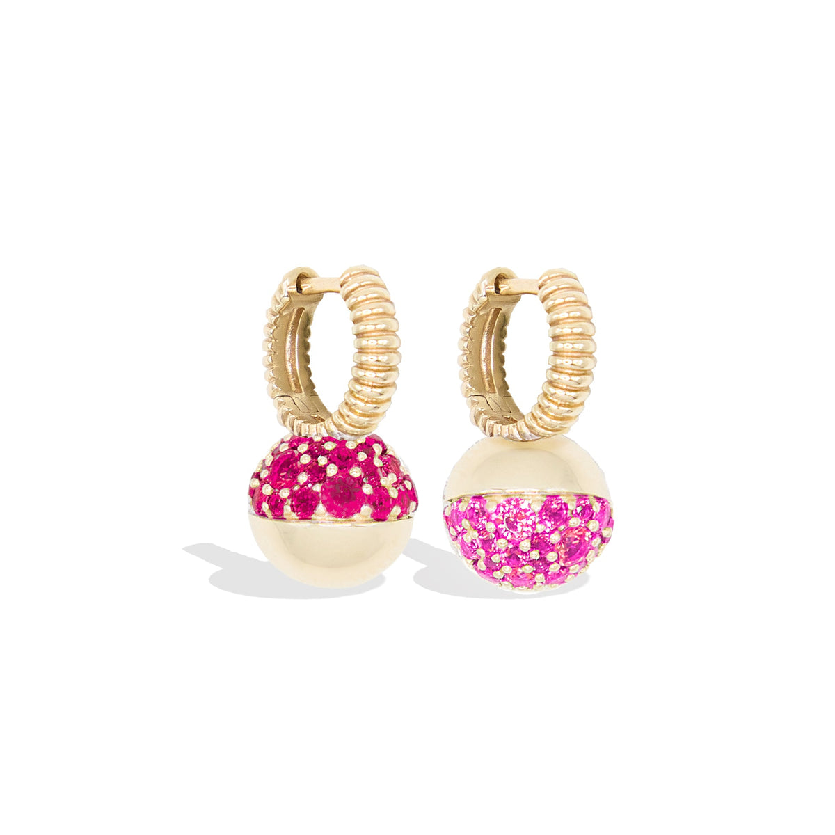 Campbell + Charlotte Mini Revel Ruby & Pink Sapphire Bobble Huggie Earrings in 14K Yellow Gold