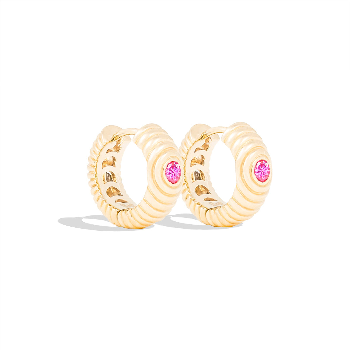 Campbell + Charlotte Revel Ribbed Pink Sapphire Huggie Hoop Earrings in 14K Yellow Gold