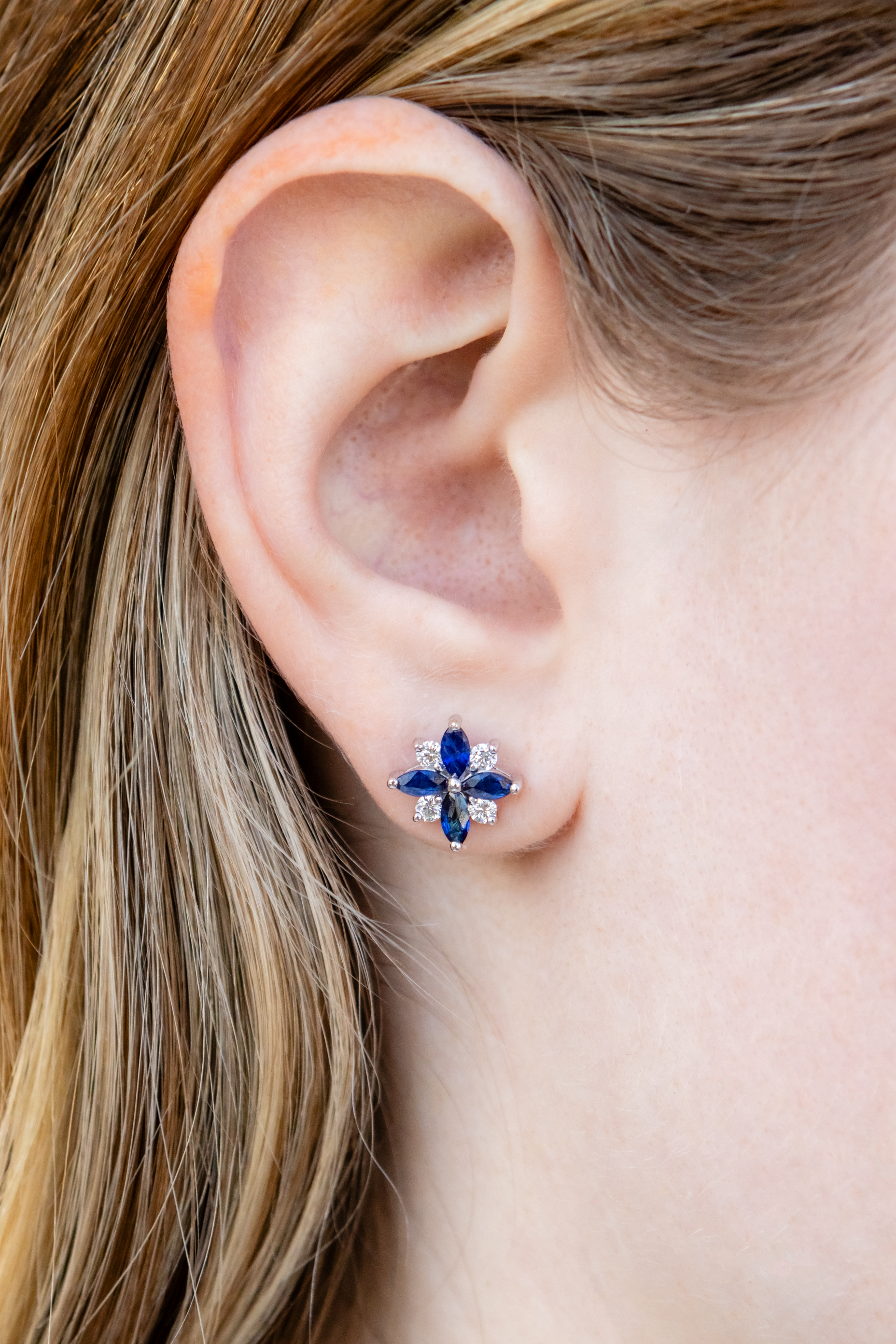 Sapphire Diamond Flower Stud Earrings in 14K White Gold