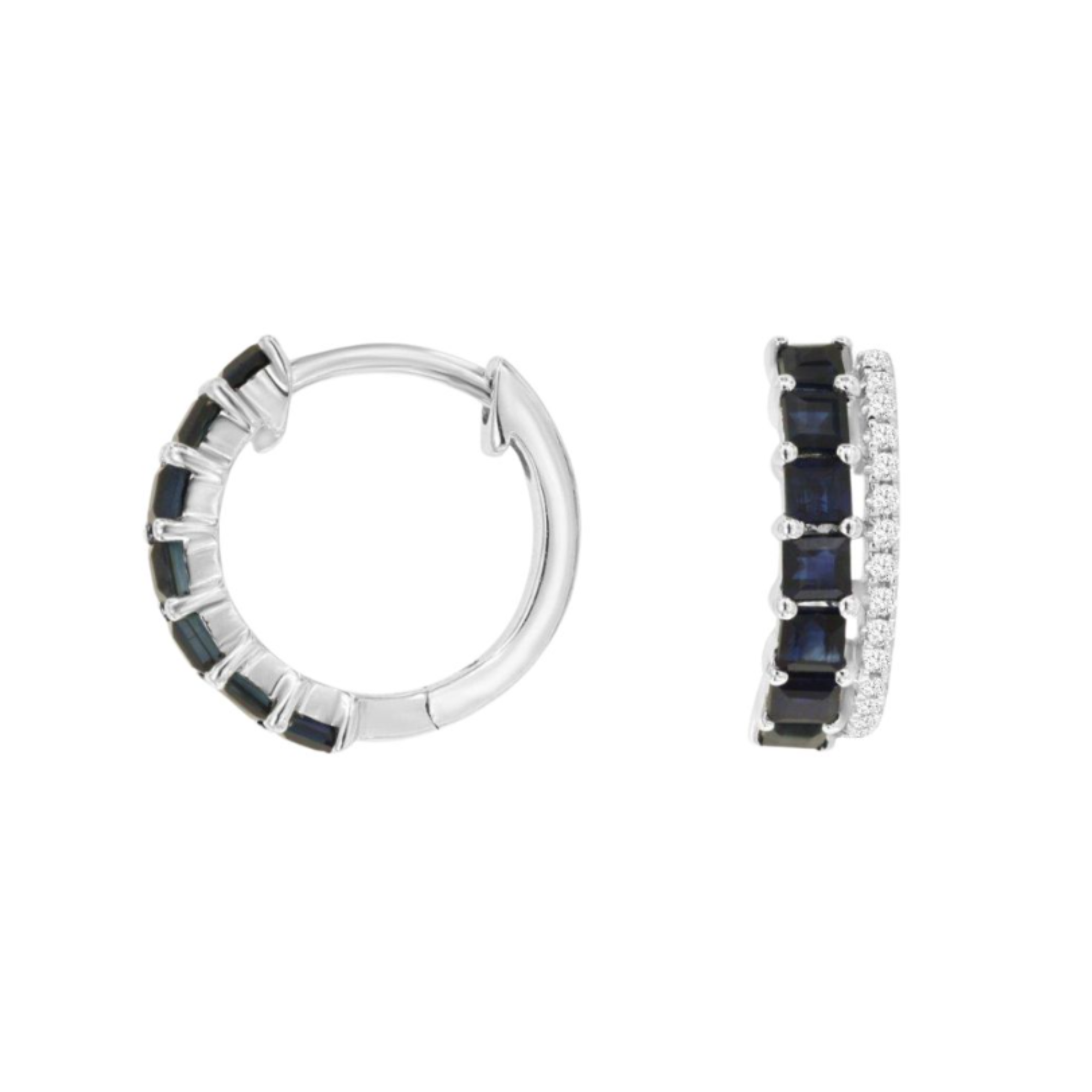 Princess Cut Sapphire & Diamond Huggie Hoop Earrings in 14K White Gold