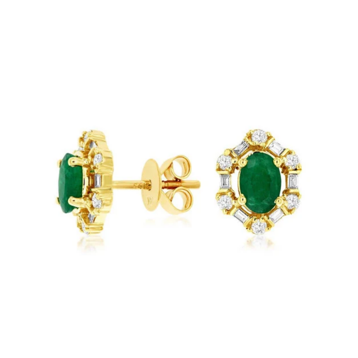 Oval Emerald Mix Diamond Halo Stud Earrings in 14K Yellow Gold