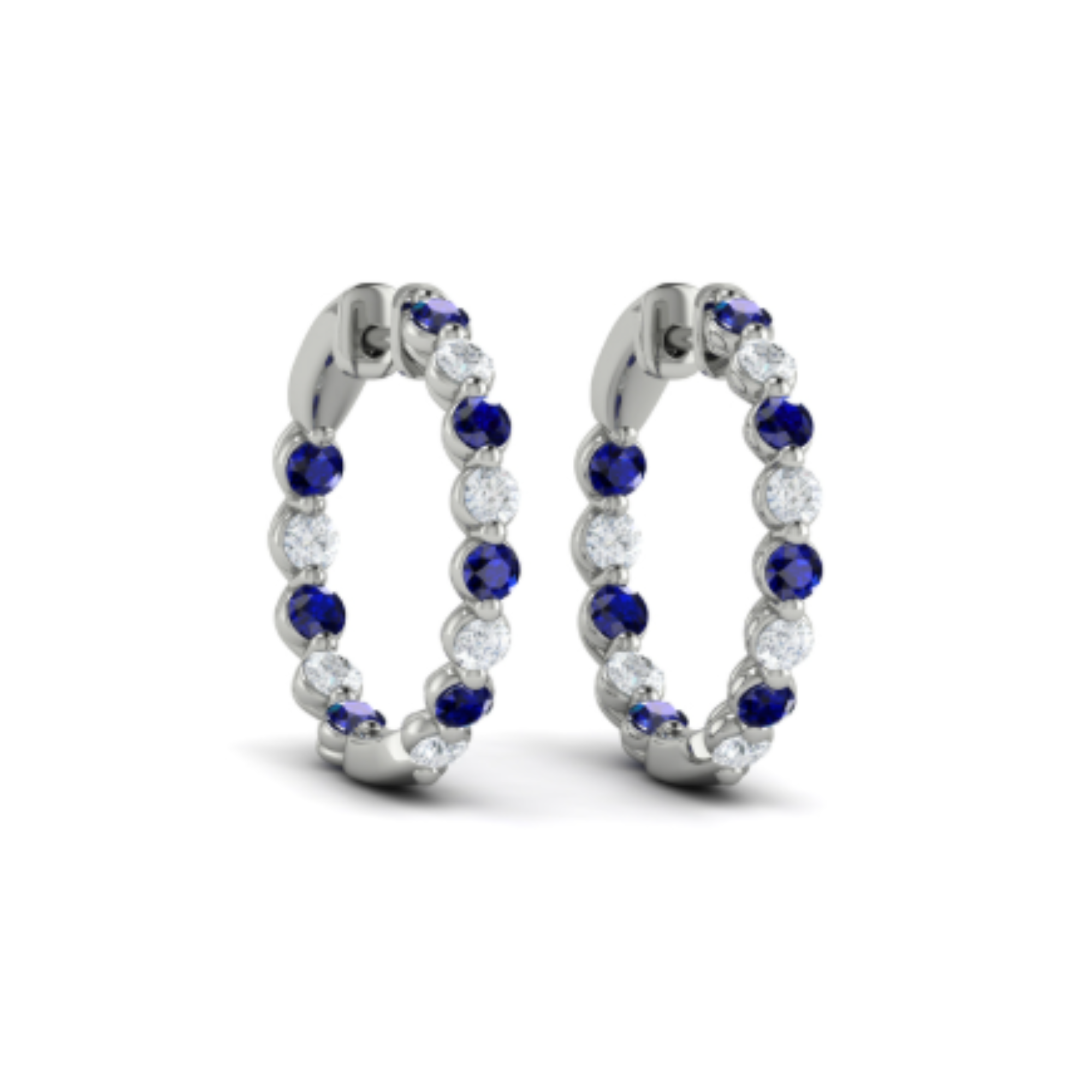 Sapphire Diamond Inside Outside Hoop Earrings in 14K White Gold